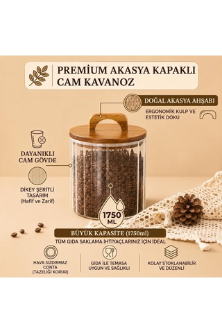 1750 Ml Akasya Kapaklı Cam Kahve Saklama Kavanozu, Hava Sızdırmaz Contalı Büyük Boy Oluklu Cam Erzak Kabı, Kahve Çok Renkli