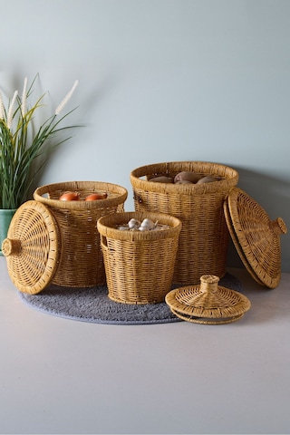 Bansko 3'lü Kahverengi Patates Soğan Sarımsak Sepeti Acıkkahverengı Hasır Kahve