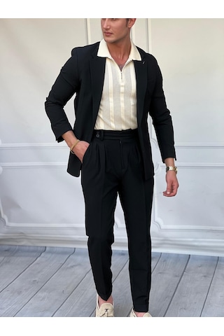Modefendi Özel Seri %100 Gofre Kumaş İtalyan Kesim Pileli Modern Fit Takım Elbise Siyah