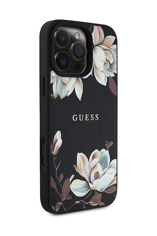 Apple Uyumlu iPhone 16 Pro Max Kılıf Guess Lisanslı Magsafe Özellikli Çiçek Tasarımlı Yazı Logolu Kapak Siyah