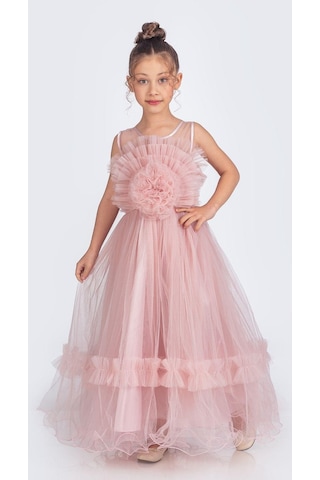 Mnk Baby & Kids Uzun Etekli , Askılı Kız Cocuk Gül Motif Abiye Elbise M00670 Pudra