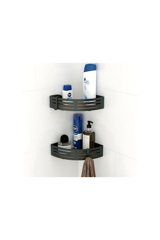 Teknotel Paslanmaz Kancalı Banyo Rafı Siyah + Ahşap Desen Bk269 Çok Renkli