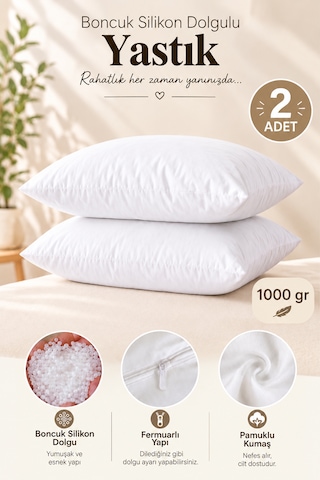 2 Adet Boncuk Silikon Yastık Fermuarlı 50x70 İç Yastık 1000 Gram Beyaz
