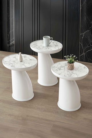 Elips 3'lü Sehpa, Yan Sehpa, Zigon Sehpa - Beyaz & Beyaz Mermer Desenli Tabla Beyaz Gövde & Beyaz Mermer Desenli Tabla