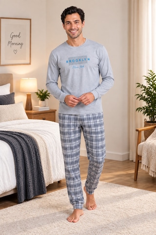 Wordex Falkom 5804 İnterlok Kışlık Kalın Kumaşlı Ekose Pijamalı Erkek Ev Pijama Takımı Gri