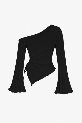 Meren Like Your Style Siyah Uzun Kollu Asimetrik Yaka Drapeli Yan Bağlamalı Bahar Sonbahar Bluz Üst Siyah