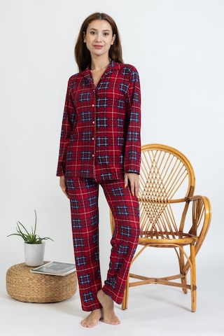 Yeni Sezon Düğmeli Ekose Desen Kırmızı Süet Kadın Pijama Takımı 5503-kırmızı Kırmızı