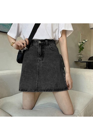 Siyah&gri Yaz Retro Basit Yüksek Bel Kot Etek Kadın Evaze Elbise Moda Yarım Uzunlukta Rahat Kısa Kot Pantolon Etek Siyah - Gri