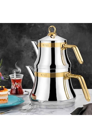 Lines Naz Orta Boy Paslanmaz Çelik Kapsül Tabanlı Çaydanlık Takımı Altın