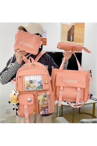 Aubyhe Kız Çocukları İçin Hafif Okul Çantası, Büyük Kapasiteli Çift Omuzlu Çanta, Pembe Dörtlü Set Ve Aksesuar Dahil Pembe