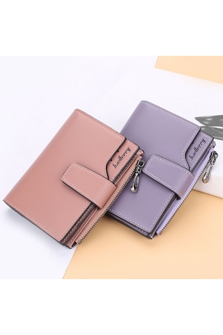 Dofolink Kadın Pu Deri Çift Katlı Cüzdan, 15 Kartlık, 3 Fotoğraf Bölmesi, Para Ve Zip Cebi, Basma Kapanma, Portatif Mor Renk N5013 Mor