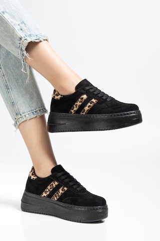 Bahrina Kadın Kalın Tabanlı Sneaker Siyah Süet Leopar