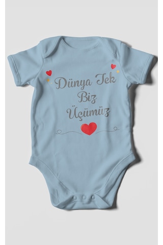 Morivokids Dünya Tek Biz Üçümüz Kısa Kollu Bebek Body %100 Pamuk Bebe Mavisi