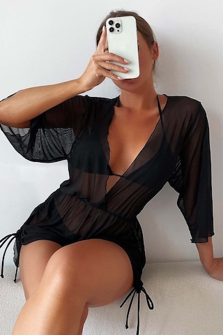 Angelsin Şifon Pareo Plaj Elbesi Cover Up Kimono Siyah 001