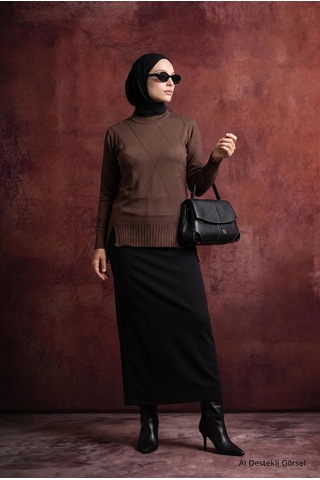 Armine Trend Geometrik Desenli Bisiklet Yaka Uzun Kollu Yan Yırtmaçlı Tunik Kahverengi 26ktd415