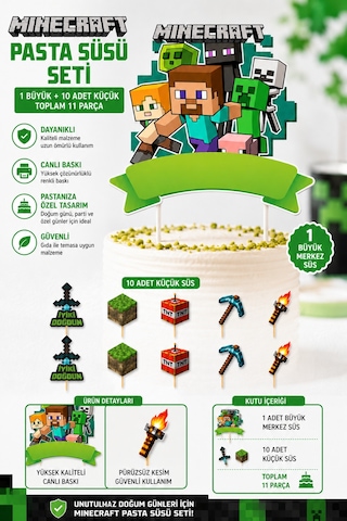 Minecraft Pasta Süsü Seti Büyük Figür Ve 10'lu Kürdan Dekoru Doğum Günü Süsü +3