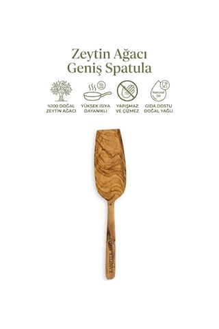 Amptek Ahşap %100 Doğal Zeytin Ağacı Geniş Spatula 32 Cm - Isıya Dayanıklı Yapışmaz Çizmez El Yapımı Mutfak Spatulası Kahverengi
