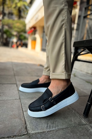 Roof Atelier Erkek Siyah Beyaz Kemer Tokalı Loafer Ayakkabı - 417 - Cbt Mancini Siyah