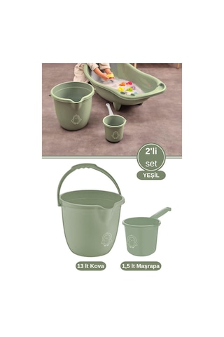 2 Li Bebek Banyo Su Kovası Ve Maşrapası Seti, Saplı Oluklu Kova 13lt Ve Maşrapa 1,5lt Set Yeşil Yeşil