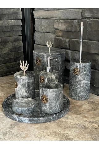 Uludağ Siyahı Zeytin Dalı Gümüş Aksesuarlı 7'li Banyo Seti Beyaz