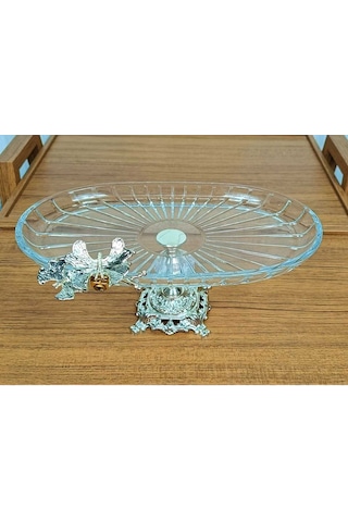 Elta Collection Lüx Hediyelik Metal Ayaklı Gümüş Oval Kelebekli Sunumluk Kurabiyelik - Yeni Serisi Gümüş Oval Düz Yüksek