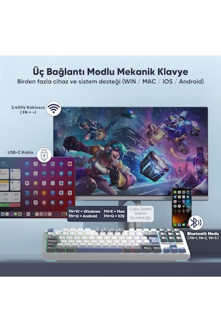 Aula F87 Pro Mekanik Rgb Tkl Graywood V4 Switch Kablosuz Makrolu Hot Swap Türkçe Q Klavye Mavi