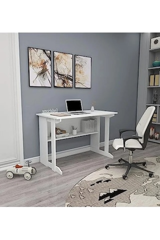 Beyaz Raflı Ders Çalışma Bilgisayar Masası, Modern Tasarım Abanoz - Beyaz