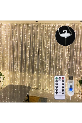 Neevoyu 3x3m 300 Led Perde Işığı 8 Aydınlatma Modu Usb Şarjlı Kumandalı Sıcak Beyaz Festivite Dekorasyonu Sıcak Beyaz