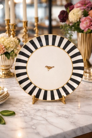 Çizgili Kuşlu Sunum Tabağı 30cm Beyaz - Siyah