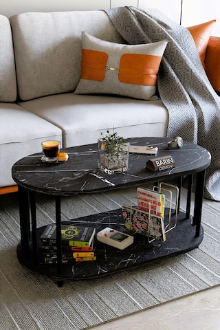 Modern Oval Orta Sehpa Çift Katlı Metal Ayaklı Salon, Ofis, Dekoratif Sehpa, Kahve Sehpası Siyah