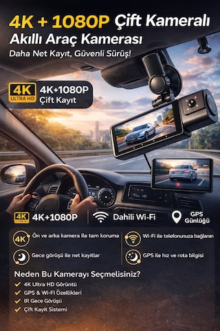 K17 4k Araç Kamerası Ön-arka Çift Lens Wifi Gps Dash Cam Gece Net Kayıt Araç İçi Güvenlik Kamerası
