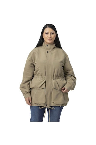 Büyük Beden Çıtçıt Ve Fermuar Kapamalı Beli Büzgülü Astarlı Çağla Yeşili Trençkot Çağla Yeşili