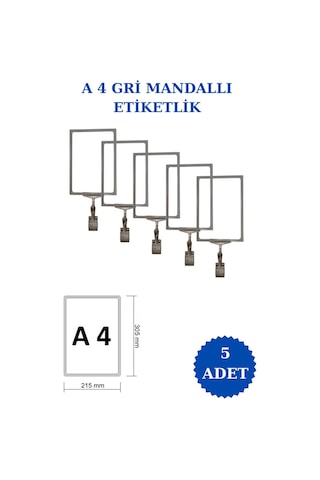 5 Adet Gri A5 Mandallı Raf Sepet Etiketi Çerçeveli Etiketlik Gri