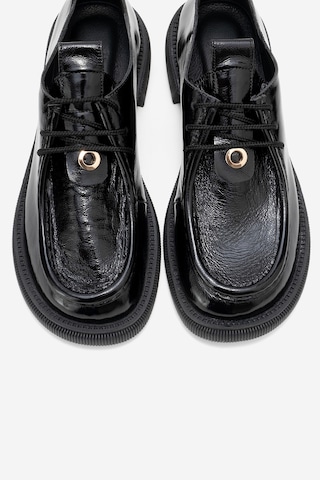 Luvishoes Luvi Shoes Band Siyah Kırışık Rugan Hakiki Deri Bağcıklı Kadın Loafer Ayakkabı Siyah