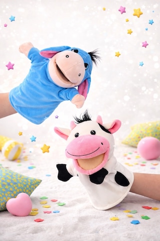 2 Li Eşek Ve İnek Peluş El Kuklası Seti Ağzı Hareket Eden Eğitici Kuklalar Çok Renkli