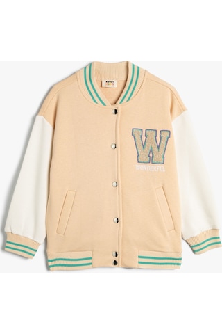 Koton Oversize Bomber Kolej Ceket Aplike Detaylı Yuvarlak Yaka Bej 4skg10267ak 4SKG10267AK057
