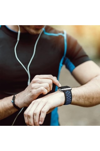 Apple Watch Seri 1/2/3/4/5/6/7/se/8/ultra İle Uyumlu Delikli Silikon Kordon Kayış 42-44-45-49 Mm Siyah - Mavi
