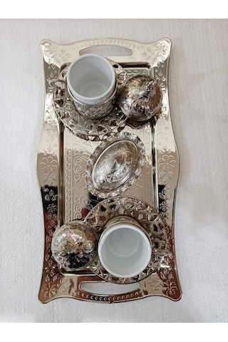 Osmanlı Motifli 2 Kişilik Kahve Fincan Takımı Gümüş İşlemeli