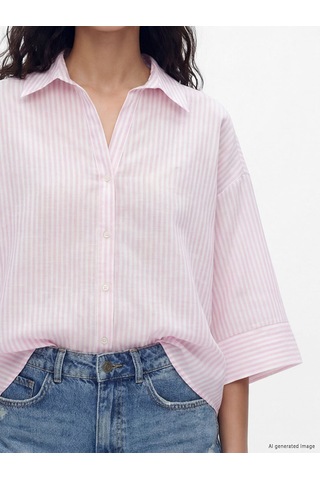 Lcw Vision Pembe Çizgili Oversize Poplin Kadın Gömlek