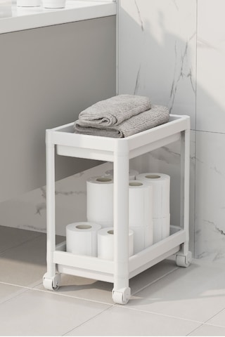Vienev 2 Katlı Tekerlekli Düzenleyici Raf - Banyo Dolabı Mutfak Tezgah Ve Evye Altı Düzenleyici Beyaz