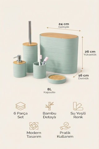 Makri Home 6 Parça Su Yeşili Banyo Seti, Bambu Detaylı, 8l Çöp Kovası 24x26x16 Cm Mint Yeşili