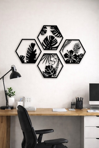 Hexaleaf Tropikal Yaprak Desenli Altıgen Ahşap Duvar Dekoru