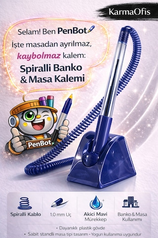 Spiralli Banko & Masa Kalemi 1.0 Mm Mavi Mürekkepli Sabit Standlı Ofis Kalemi 3 Adet Mavi 3