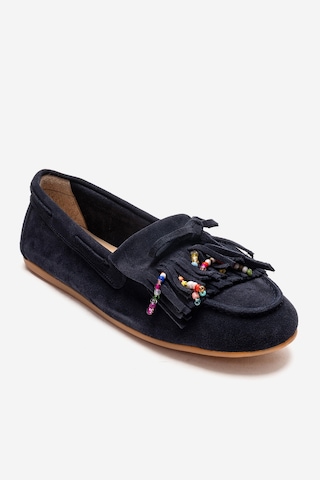 Luvishoes Evelyn Lacivert Süet Hakiki Deri Püsküllü Boncuklu Kadın Loafer Ayakkabı