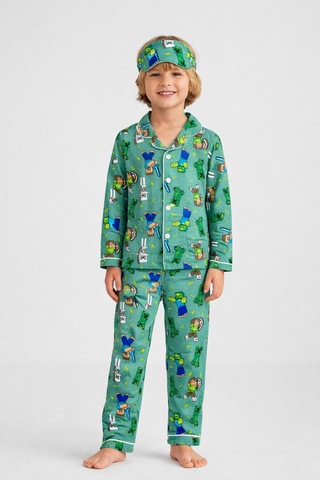Beka Kids Desenli Uzun Kollu Önden Düğmeli Gömlek Yaka Erkek Çocuk Pijama Takımı Ve Göz Bandı Yeşil