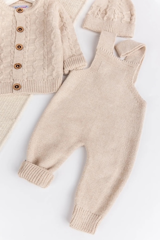 Triko Hırkalı 3'lü Ayarlanabilir Askılı Örgü Erkek Bebek Salopet Tulum Takım Set Bej