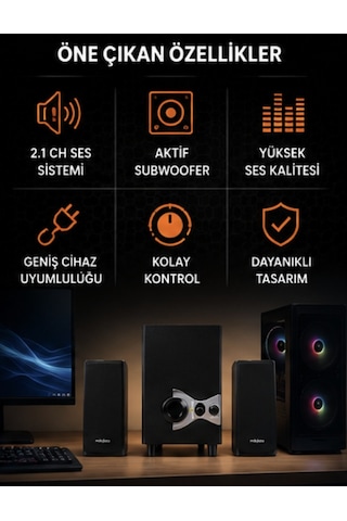 Mikado Md-222 2.1ch Active Multimedia Subwoofer Ses Sistemi Güçlü Bass