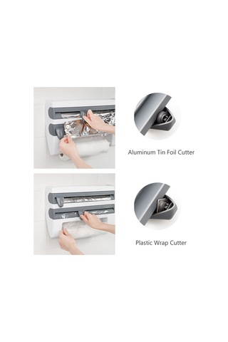 3'ü 1 Arada Mutfak Depolama Rafı Plastik Sarma Folyo Dispenseri Film Depolama Rafı Kesici Kağıt Havlu Tutucu Rulo Kağıt Havlu Rafı Gümüş