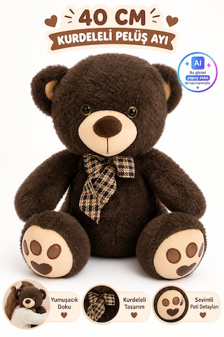 40cm Kurdeleli Pelüş Ayı Yumuşak Dokulu Kalp Pati Detaylı Sevimli Oyuncak Peluş Ayıcık Acı Kahverengi