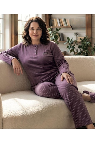 Lana Kadın Battal Pamuk Likralı Raporlu İnterlok Kışlık Pijama Takımı 245/10 - 1 Adet Mürdüm